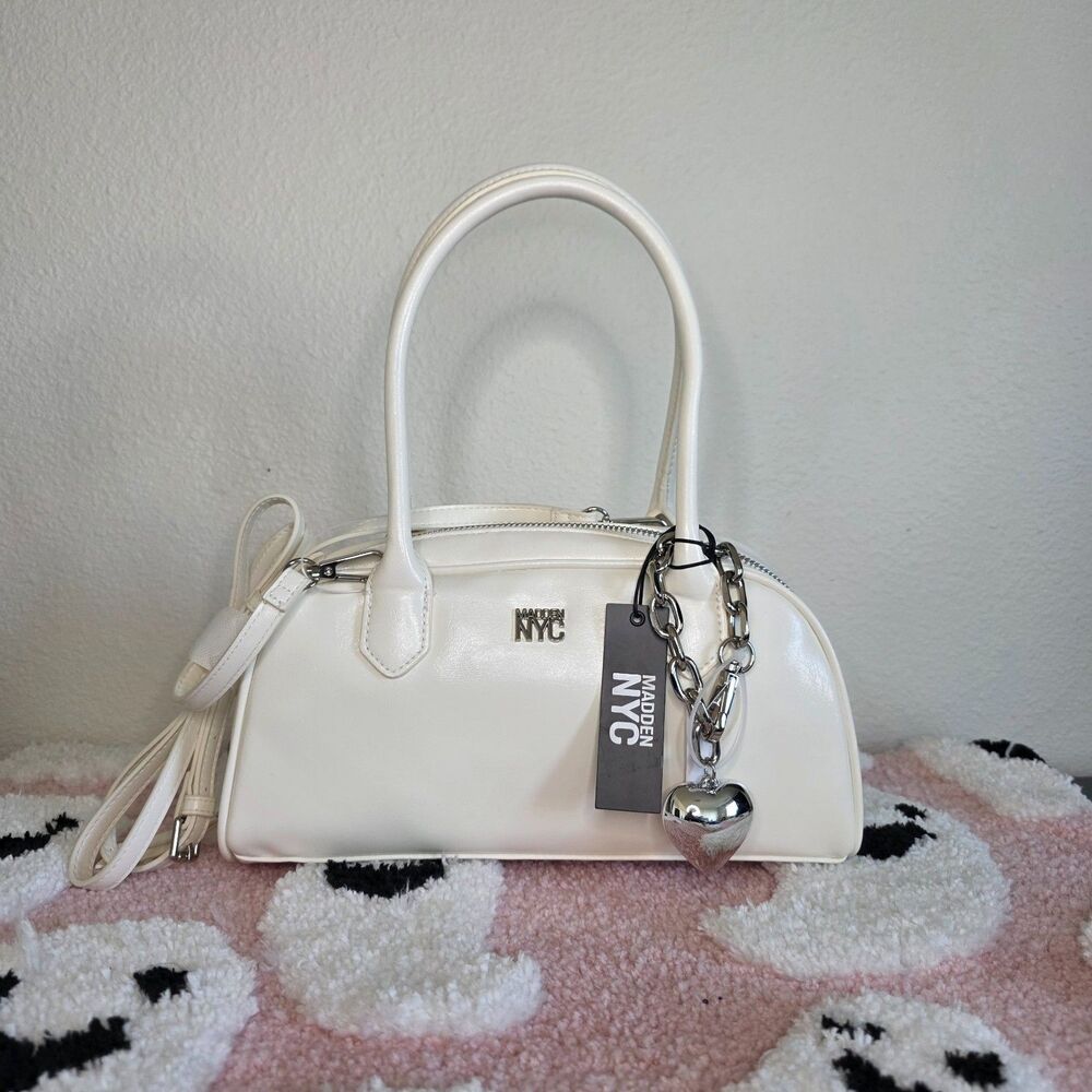 NWT Madden NYC East West Bowler Bag Cream Satchel Silver Puffy Heart Charm Y2K
